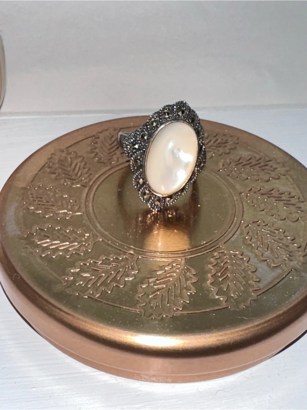 Vintage Art Deco Mother of Pearl & Marcasite Statement Ring Size 7